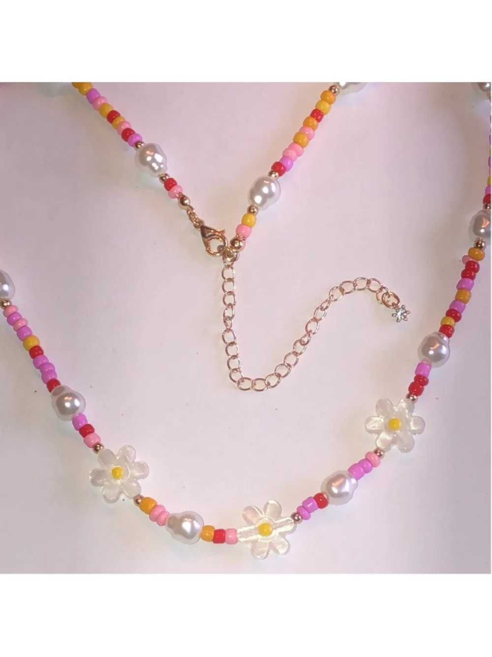 Pink Colorful Seed Bead Beaded Mother of Pearl Flower Necklace